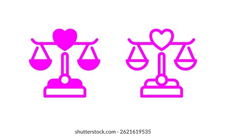 Stylized pink illustrations of balance scales with hearts, representing justice, love, and balance concepts in a minimalist graphical style.