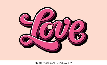 Stilisierter rosa "Love"-Text mit 3D-Effekt auf einem pastellfarbenen Pfirsichhintergrund, modernes Typografie-Design.