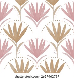 Stylized pink and ochre floral repeat with folk motifs Vector repeat pattern