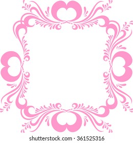 Stylized pink picture frame, with ornate pattern, and hearts for Valentine's day. Frame for photo vector Valentine