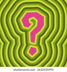 Ponto de interrogação rosa estilizado sobre ondulação concêntrica verde vívida em estilo retrô. Ilustração vetorial.