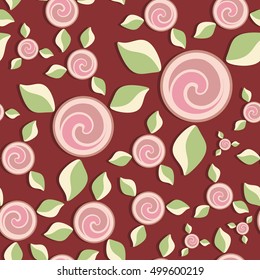 Stylized pink roses on a red background. Seamless pattern.