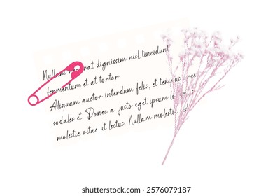 Stylized pink safety pin and delicate floral sketch with handwritten text overlay. Vector halftone.