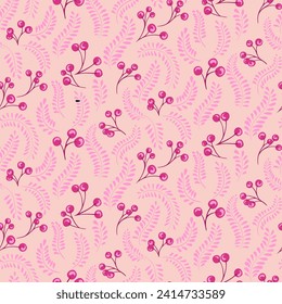 Stylized pink seamless pattern with creative berries branches and leaves stem. Vector hand drawn sketch. Retro simple background with tiny floral leaf branches and drops. Design for fashion, fabric