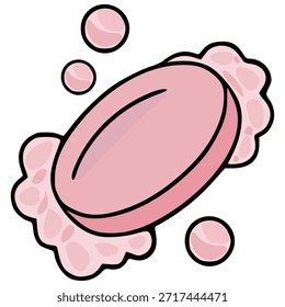 Uma barra de sabão rosa estilizada com bolhas espumosas e brilho brilhante, apresentada como uma ilustração vetorial limpa sobre um fundo branco.