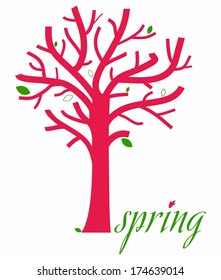stylized pink spring tree with leaves - vector illustration