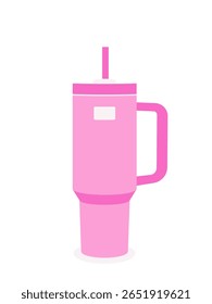 Xícara de copo rosa estilizado com alça e palha sobre fundo branco. Drinkware isolado reutilizável moderno, design plano minimalista para estilo de vida ecológico e temas de hidratação.