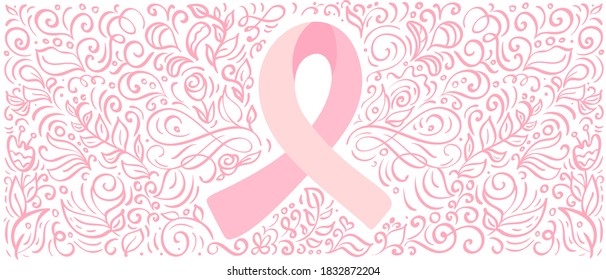 Stylized pink vector banner ribbon of Breast Canser for October is Cancer Awareness Month. Calligraphy illustration on pink flourish background.