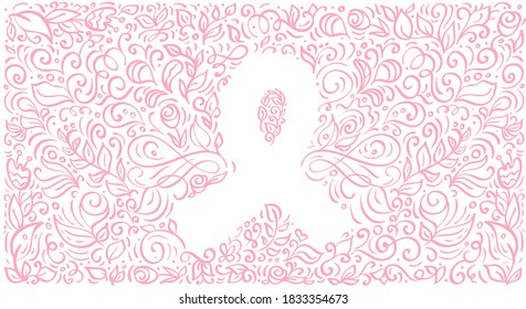 Stylized pink vector banner ribbon of Breast Canser for October is Cancer Awareness Month. Calligraphy illustration on pink flourish background.