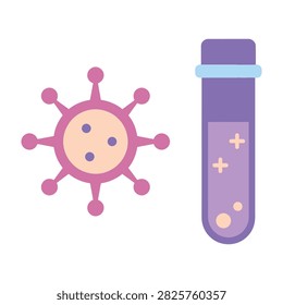Stylized pink virus cell and purple test tube with bacteria representing medical research, healthcare science, laboratory testing, and disease analysis concepts.