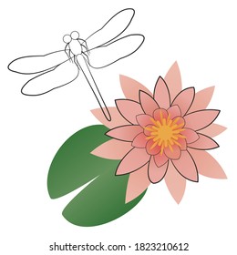 Stylized pink water lily with a leaf and a dragonfly. Top view of the nenuphar flower. Line art and flat design. Hand drawn vector illustration isolated on white background. For print and web.