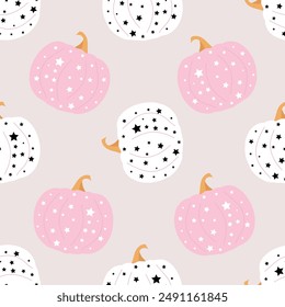 Calabazas estilizadas de color rosa y blanco con estrellas. Diseño de moda femenina para tela, textil, papel de embalaje, scrapboking. Ilustración vectorial.