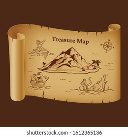 Stylized Pirate Map on Vintage Paper with Treasure on the Island. Pirate Ship, Sea Monster, Mermaid and Compas. Antique or Old Scroll, Retro Treasure Map. Historical and Geographic, Adventure Theme