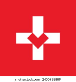 Stylized pixel red heart inside white cross. Medical care logo.