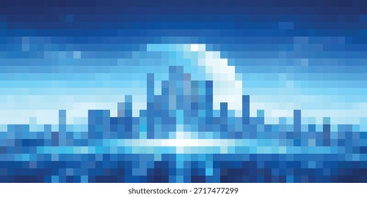 Uma paisagem urbana estilizada e pixelizada com edifícios altos e abstratos iluminados por luzes brilhantes e brilhantes, em um fundo azul e gradiente.