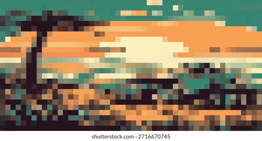 A stylized, pixelated image featuring the silhouette of a palm tree on the left, set against a vibrant sunset with orange and yellow hues.