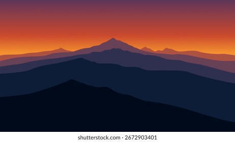 A stylized, pixelated landscape featuring layered mountain ranges against a vibrant sunset gradient of purple, orange, and yellow.