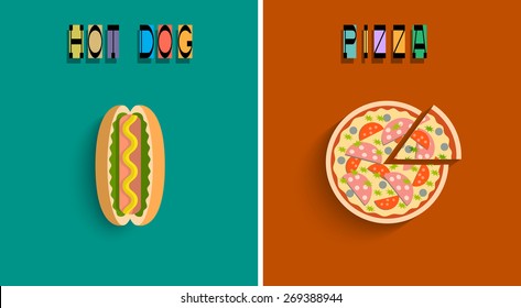 Stylized pizza and hot dog. Vector set 