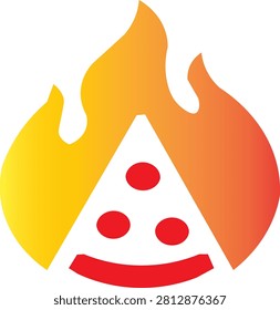Stylized pizza slice icon engulfed in bright colorful flames representing spicy hot pizza fast food concept with restaurant delicious abstract pepperoni delivery illustration fastfood culinary