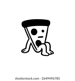 A stylized pizza slice, shaped like a seated cartoon character, with simple features