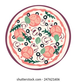 Stylized pizza with tomato, mushrooms and olives. Vector illustration.