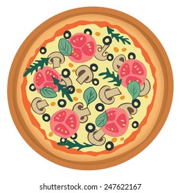 Stylized pizza with tomato, mushrooms and olives. Vector illustration. 