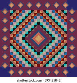 Stylized plaid pattern of American Indians of Pre-Columbian era. Zig zag geometric ornament, boho elements. Ethnic textile collection. Purple, blue, red.
