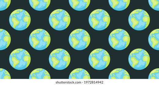 Stylized planet Earth abstract seamless space pattern background. Solar system planet, children wallpaper pattern tile.
