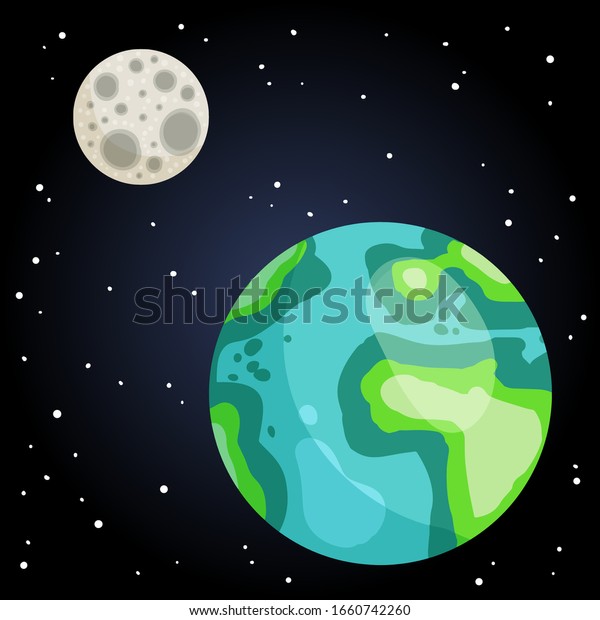 Stylized planet Earth and Moon satellite view from\
space illustration. Cosmos planets cartoon vector image. Astronomic\
image