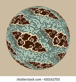 a stylized planet with japanese style clouds floating on a dotted background in brown and blue