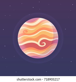 Stylized planet Jupiter on dark space background with stars. Vector cartoon illustration.