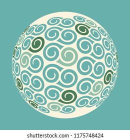 stylized planet with spiraling winds on its surface in blue green shades