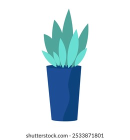 A stylized plant with blue-green leaves in a chic deep blue pot. Ideal for nature themes, modern home decor, interior design, minimalist art, and botanical illustrations. Clean, simple style