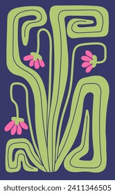 Stilvolle Pflanze mit süßen, winzigen Blumen, gebogen Blättern. Groovy abstraktes Blumenposter. Vintage botanische Wandkunst, trendige Postkarte der Natur. Stilvolles, blühendes Interieur. Flache grafische Vektorgrafik