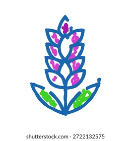 Desenho de planta estilizado com contornos azuis, formas interiores cor-de-rosa e elementos de folha verde sobre fundo branco simples, colorido, minimalista floral doodle transmitindo crescimento e alegria brincalhão