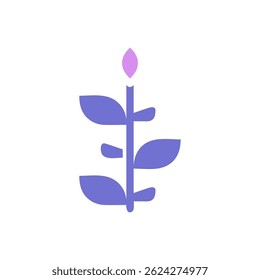 Stylized plant graphic with geometric leaves and a lilac-colored bud