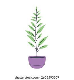 Stylized plant with green leaves in a purple pot. Ideal for modern and natural designs.