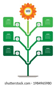Stylized plant with leafs and flower. Development and growth of the eco business or green technology. Business concept with 6 steps or processes. Vertical infographics or timeline with six options.