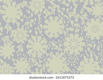 Stylized plant shapes in the form of flowers and spots make up a vector seamless pattern.