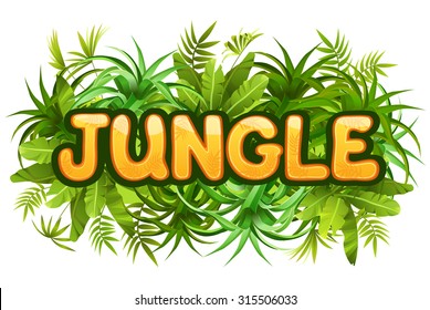 Stylized plants, leaves and text jungle. Isolated vector illustration.