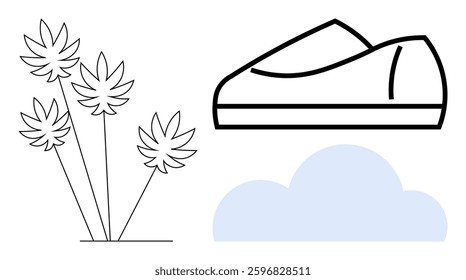 Stylized plants, minimalist sneaker, and light blue cloud create a clean, modern outdoor-themed composition. Ideal for lifestyle, gardening, weather, fitness, fashion, nature, design. Line metaphor