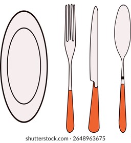 Stylized plate with fork, knife, and spoon in warm tones—ideal for food blogs, restaurant menus, kitchen designs, and culinary-themed promotional materials.