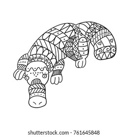 Stylized platypus isolated on white background. Freehand ornamental duckbill for children coloring book.