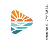 Stylized play button Sunrise Over Ocean Waves Logo.