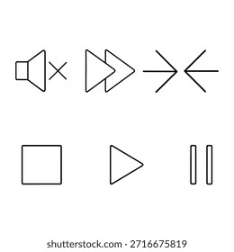 Ícones de reprodução e edição estilizados para controle de mídia
Conjunto de sete ícones organizados em duas linhas: mudo, avanço rápido, mesclar, dividir, parar, reproduzir e pausar. Símbolos comuns para media players e ferramentas de edição.