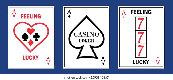 Stylized playing card designs with casino symbols, lucky sevens, and gambling themes on a dark blue background.