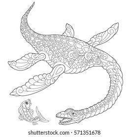 Stylized plesiosaurus dinosaur of the Mesozoic era, isolated on white background. Freehand sketch for adult anti stress coloring book page with doodle and zentangle elements.