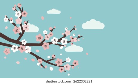 Flores de ameixa estilizadas em rosa e branco adornam ramos marrons, com botões e pétalas espalhadas, criando um design simples, elegante e semelhante a primavera.