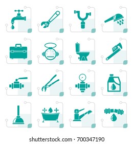 Stylized plumbing objects and tools icons - vector icon set
