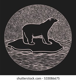 stylized Polar Bear illustration in zentangle doodle style, ethnic ornament, unique hand drawn design for print, clothing, greeting cards, banners and other